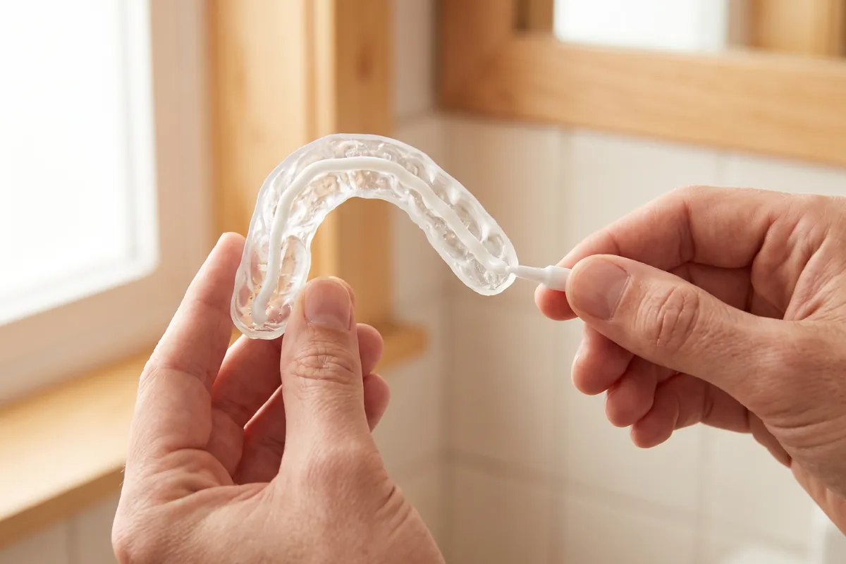 Pâte de reminéralisation déposée dans une gouttière sur mesure à domicile, après un éclaircissement prescrit à Levallois-Perret
