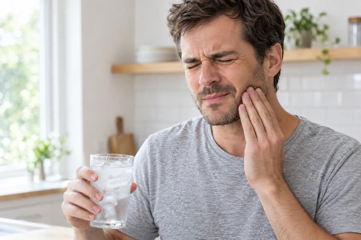 Homme se tenant la mâchoire après une gorgée d'eau glacée, douleur brève typique des dents sensibles