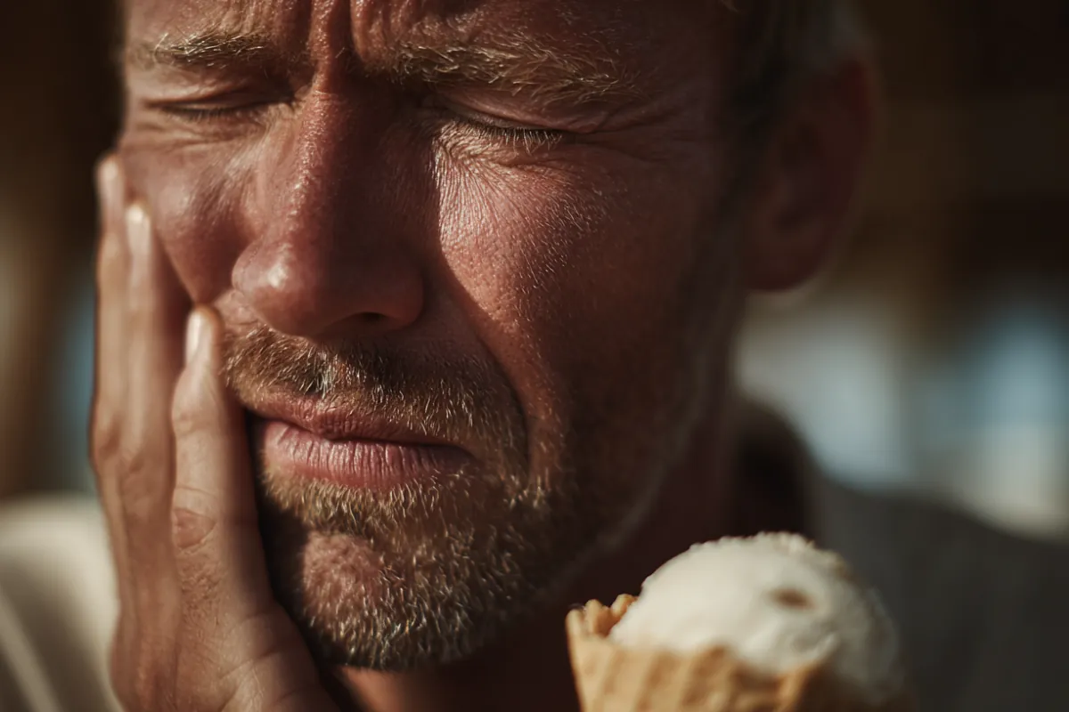 Homme avec sensibilité dentaire au froid en mangeant une glace, signe clinique fréquent du bruxisme et de l'usure de l'émail