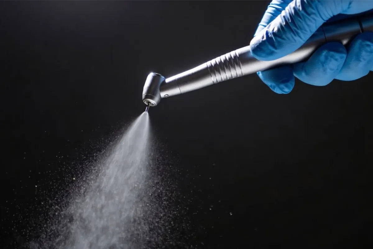 Pièce à main dentaire sous spray de refroidissement, illustrant une préparation amélaire fine et contrôlée pour facette.