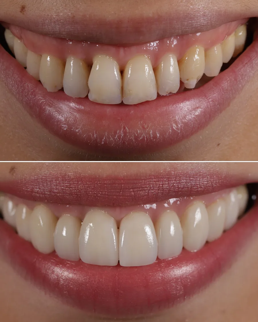 Photographie clinique illustrant un défaut de forme dentaire (triangles noirs, asymétries, dents riziformes), indication de facettes céramiques
